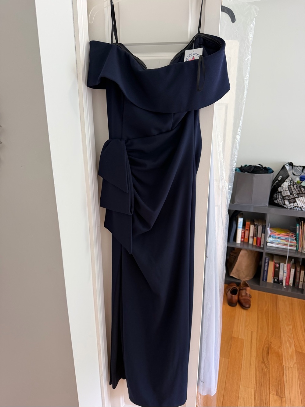Xscape Navy One-Shoulder Ruffle Evening Gown